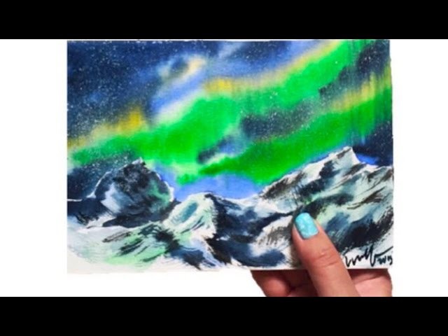 Watercolor Snow Mountains Under Northern Light Demonstration