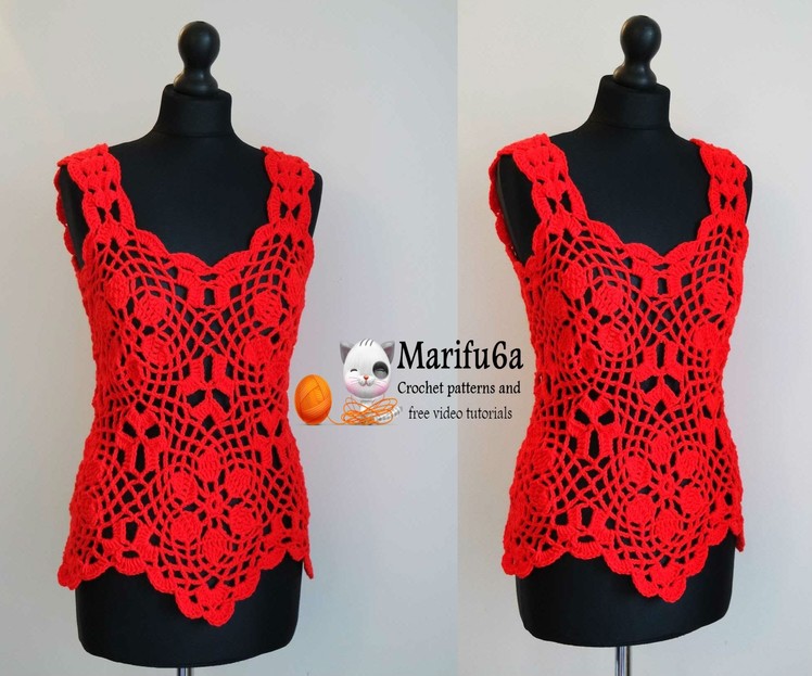 How to crochet red flower summer top pattern tutorial