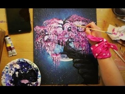 How to Paint a WEEPING CHERRY BLOSSOM TREE in the Moonlight   on the Edge of a Cliff - STEP by STEP