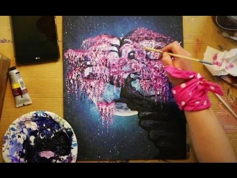 How to Paint a WEEPING CHERRY BLOSSOM TREE in the Moonlight on the Edge ...