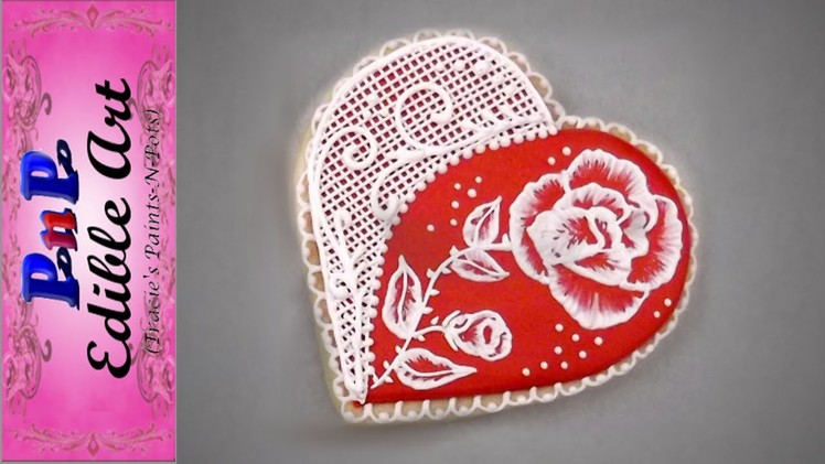 Rose and Lace Brush Embroidered Heart Cookie