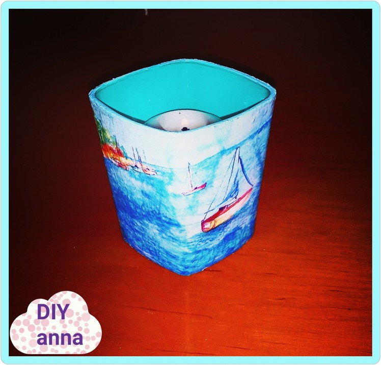 Decoupage glass candle holder sea ideas DIY craft decorations tutorial. URADI SAM Dekupaž