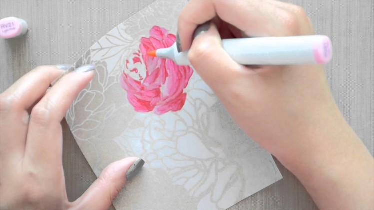 Gold Embossed Vellum & Copic Coloring with Peony Garden Cling Background Stamp