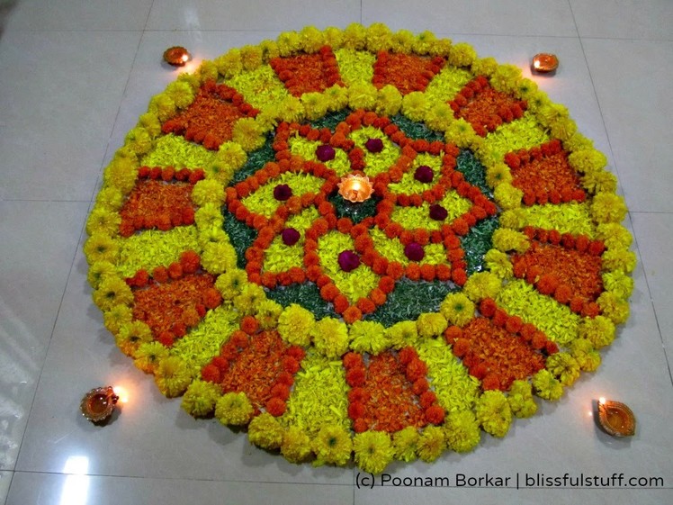 Rangoli Design with marigold flowers, How to make rangoli with flowers, Diwali Special - VIII