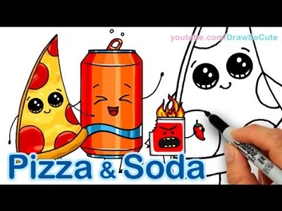 How to Draw Cute Pizza Slice & Soda Can Cute and Easy