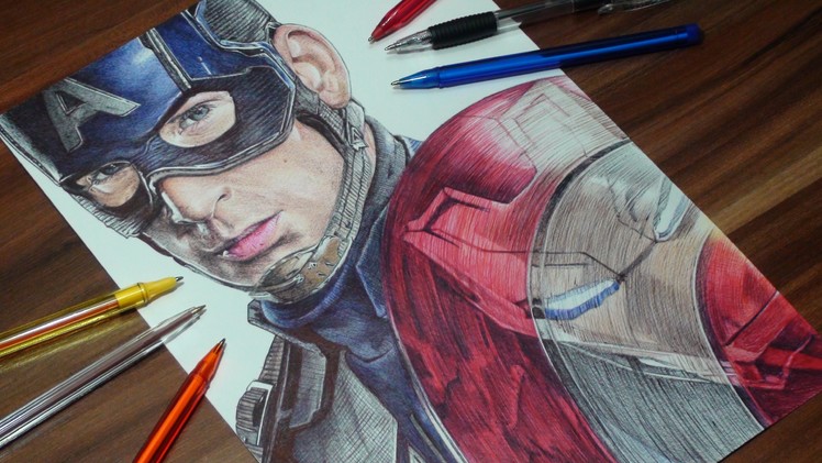 Captain America Ballpoint Pen Drawing - Civil War - DeMoose Art