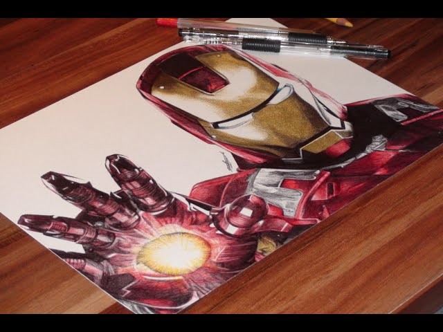 Iron Man Ballpoint Pen Drawing - Marvel - DeMoose Art
