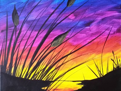 Sunset and Cattails Reboot Step by Step Acrylic Painting on Canvas for Beginners