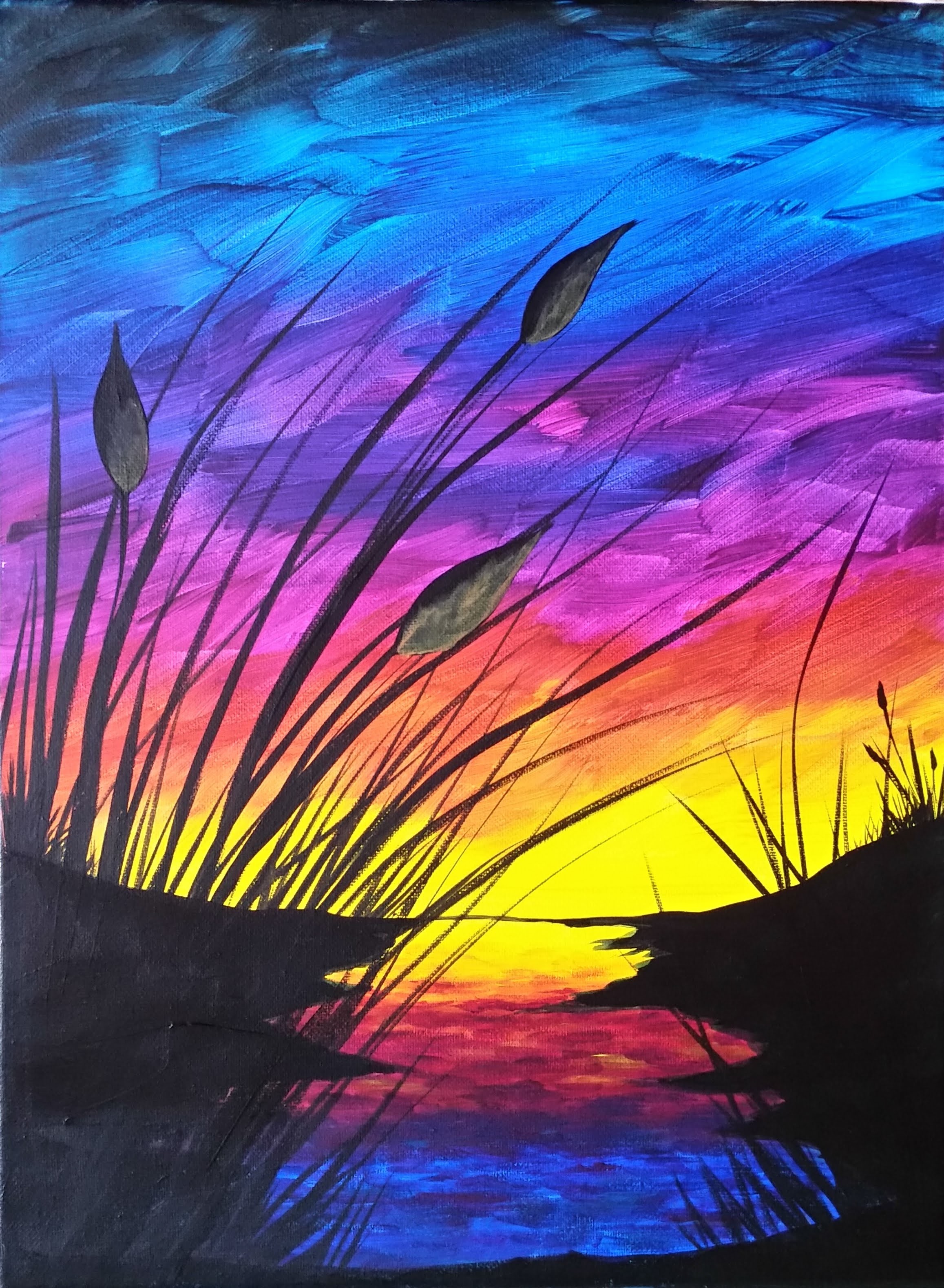 Sunset and Cattails Reboot Step by Step Acrylic Painting on Canvas for