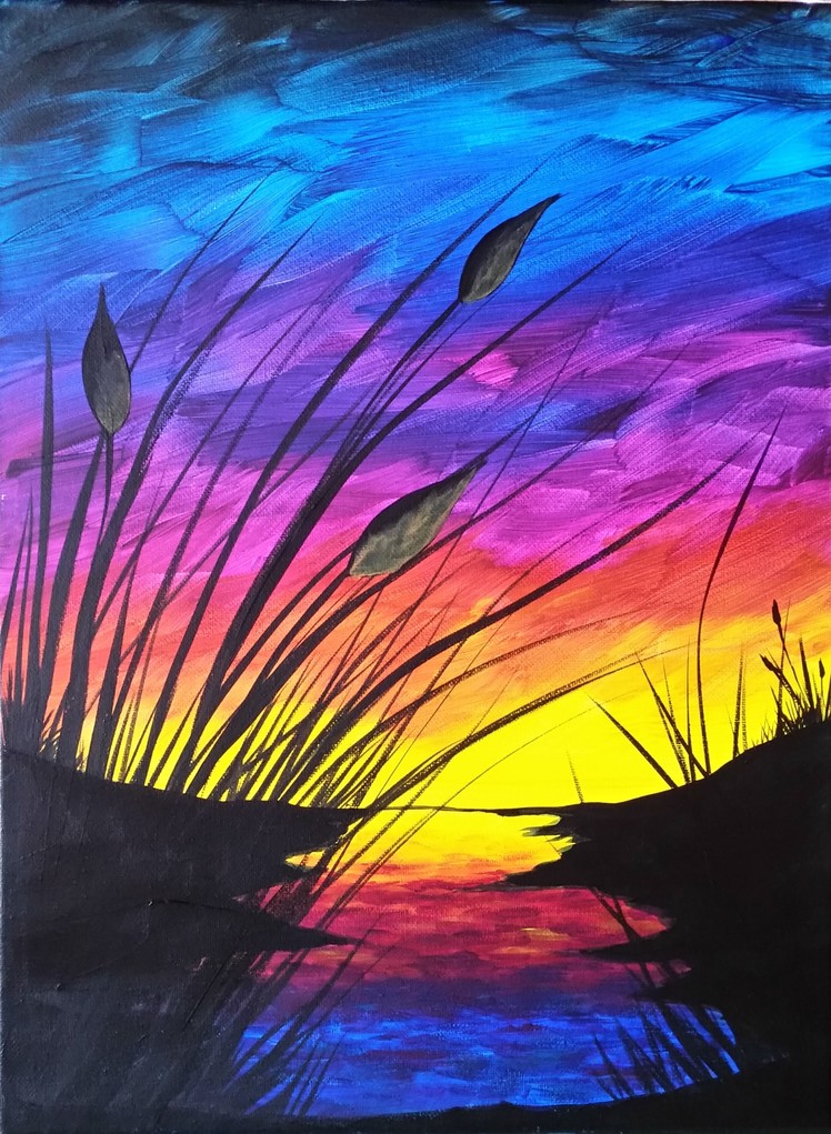 Sunset and Cattails Reboot Step by Step Acrylic Painting on Canvas for Beginners