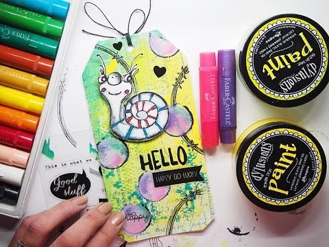 Coloured Tag 'Hello' TUTORIAL for Craft Stamper Magazine challenge with Dylusions, Gelatos