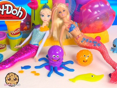 Playdoh Ocean Animal Tools Set Unboxing with Disney Frozen Queen Elsa and Barbie Mermaid Dolls