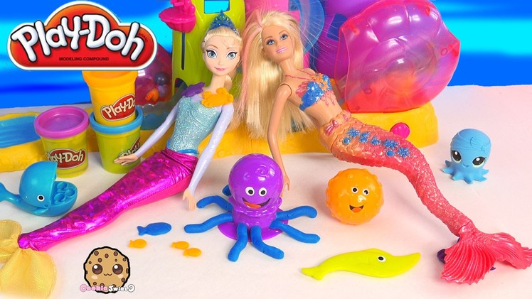 Playdoh Ocean Animal Tools Set Unboxing with Disney Frozen Queen Elsa and Barbie Mermaid Dolls