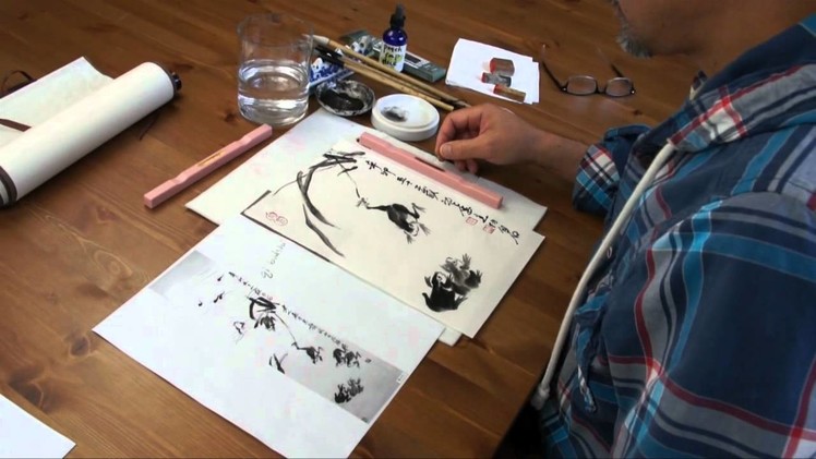 Painting Frogs in Sumi on Rice Paper and Dry Mount it on a Silk Hanging Scroll with Silicone Paper