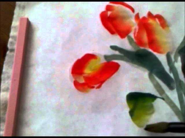 Painting Tulips in Chinese Watercolor Style on Rice Paper