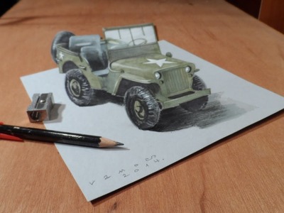 Drawing a 3D Willys MB Jeep, Trick Art by Vamos