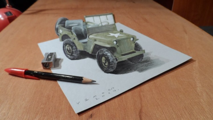 Drawing a 3D Willys MB Jeep, Trick Art by Vamos