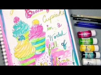 Beautiful cupcake art journal page with india Ink