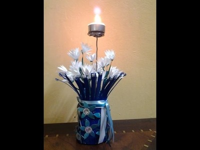 Best Out Of Waste Flower Vase With White Flowers and Candle Holder