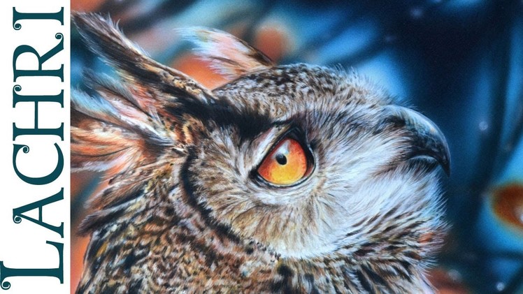Drawing an Owl in polychromos colored pencil w. airbrush - photorealistic demo by Lachri