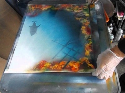 Spray Paint Art creating a coral reef, shipwreck and shark using just aerosol cans and newspaper