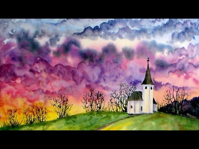 Live Watercolor: Chapel Sunset (Lots of color! sky & clouds!)