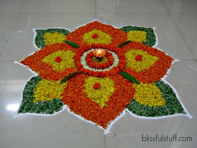 Diwali Special - Rangoli Design with marigold flowers, How to make rangoli with flowers - III