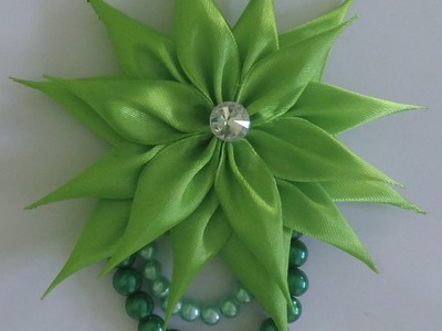 Beauty Greeny  D I Y Kanzashi Flower, How To make brooch, broche bastante verde, довольно зеленый б