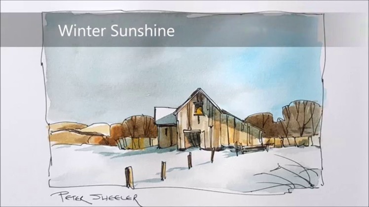 A line and wash tutorial of a Barn in Winter Watercolor. Simple and fun. With Peter Sheeler.