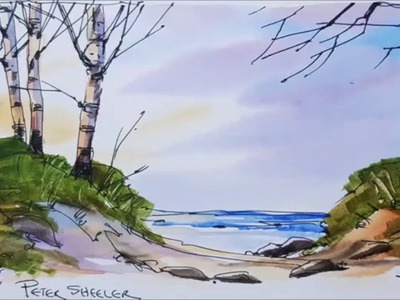 Easy to folow pen and wash tutorial of Beach sunset in watercolor. Full video in realtime