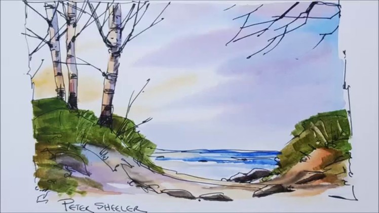 Easy to folow pen and wash tutorial of Beach sunset in watercolor. Full video in realtime