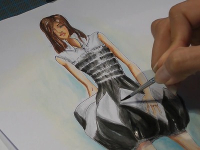 Fashion drawing - painting a black and white dress - watercolor technique