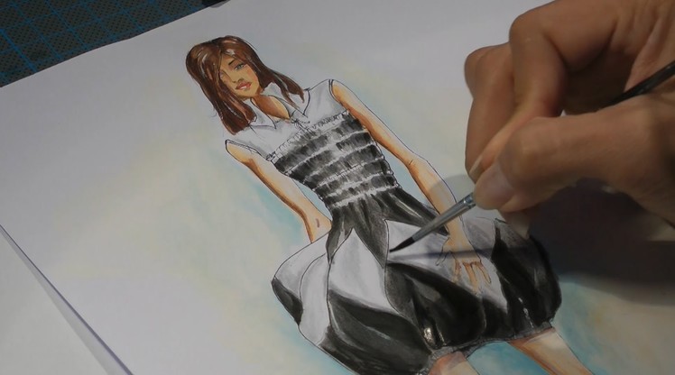 Fashion drawing - painting a black and white dress - watercolor technique