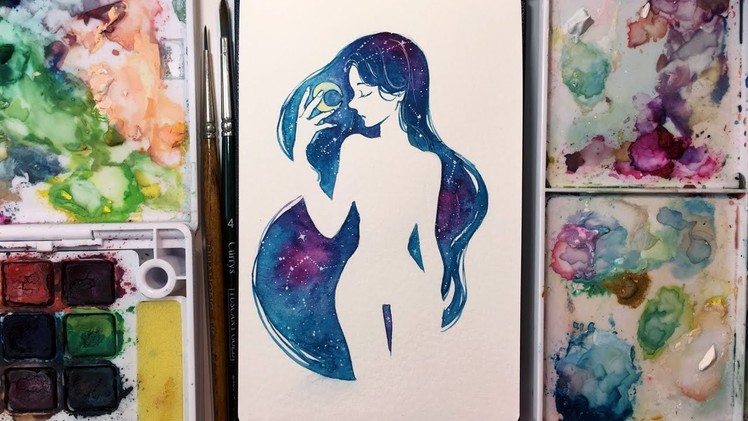 Watercolor + Gouache Speed painting Timelapse - Galaxy Queen