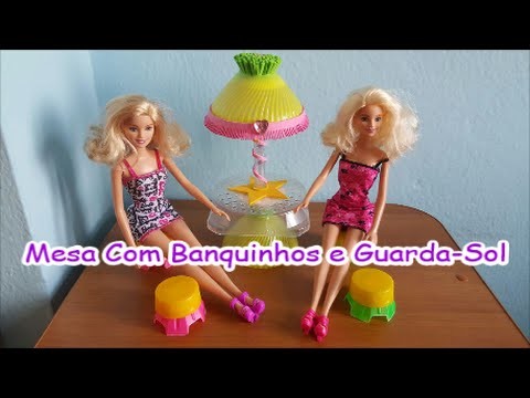 DIY - Como Fazer ( Mesa Com Banquinhos e Guarda-Sol ) para boneca Barbie, Monster High, Frozen etc