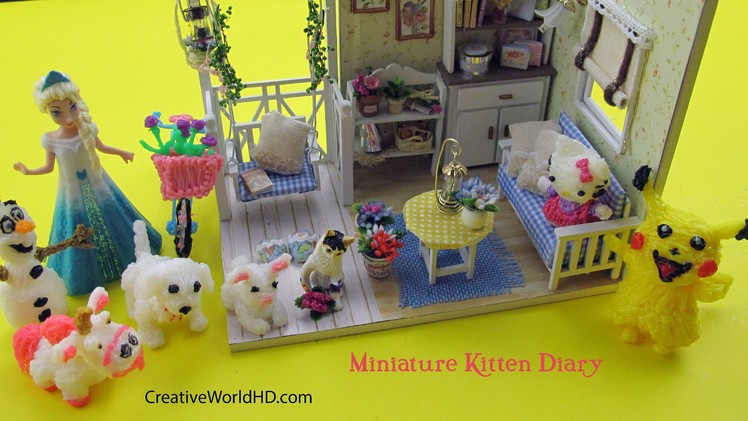 DIY Miniature Dollhouse Kitten and Friends.Room Decor with Light Box