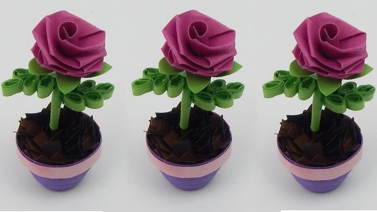 How to make a 3D quilling miniature  rose flower pot quilling flower DIY (tutorial + free pattern)