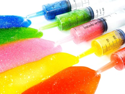 DIY How To Make Glitter Rainbow Slime Syringe Toy!! Jelly Slime