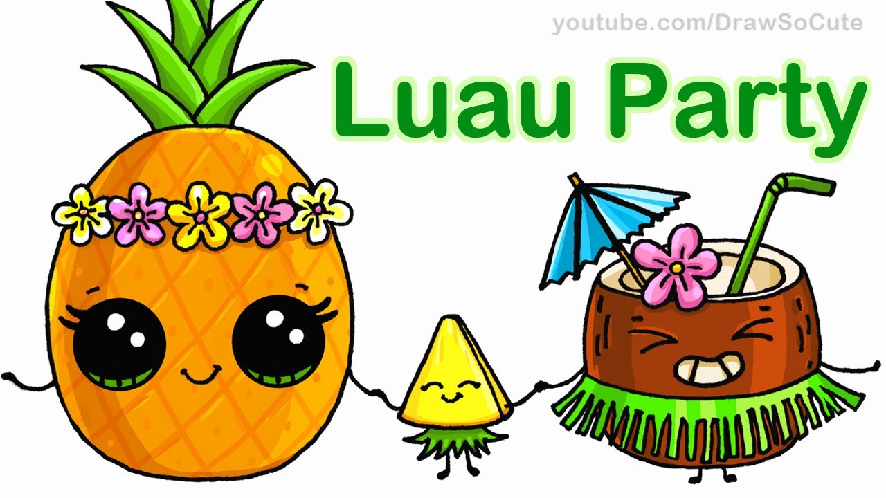 How to Draw Cartoon Pineapple and Coconut Cute step by step Luau Party