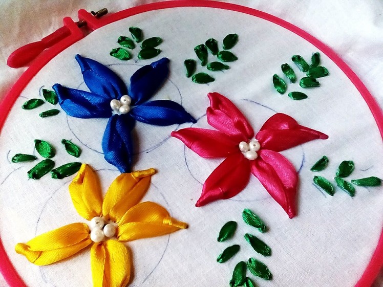 How to make Satin Ribbon Flower- Bullion Lazy Stitch Embroidery