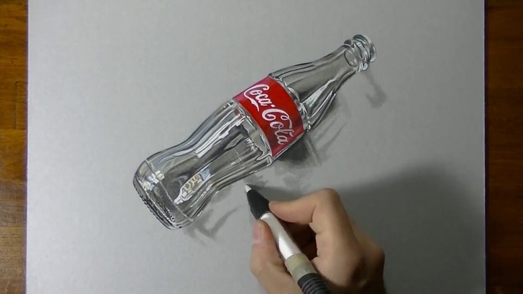 3D Art, Drawing Coca Cola empty glass bottle | Art on Paper - 3D illusion