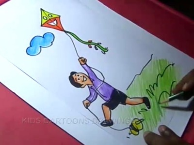 How to Draw BOY FLYING KITE Drawing for kids