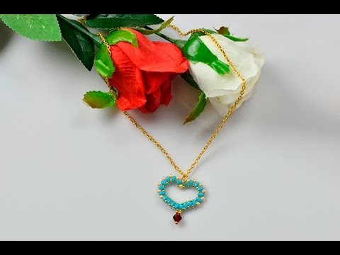 How to Make a Blue 2 Hole Seed Bead Heart Pendant Necklace with Golden Chain