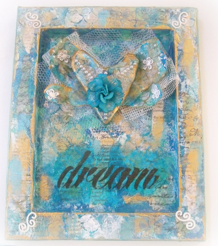 How to make a mixed media canvas with 3d paper mache heart. DIY Reversed Mixed media Canvas