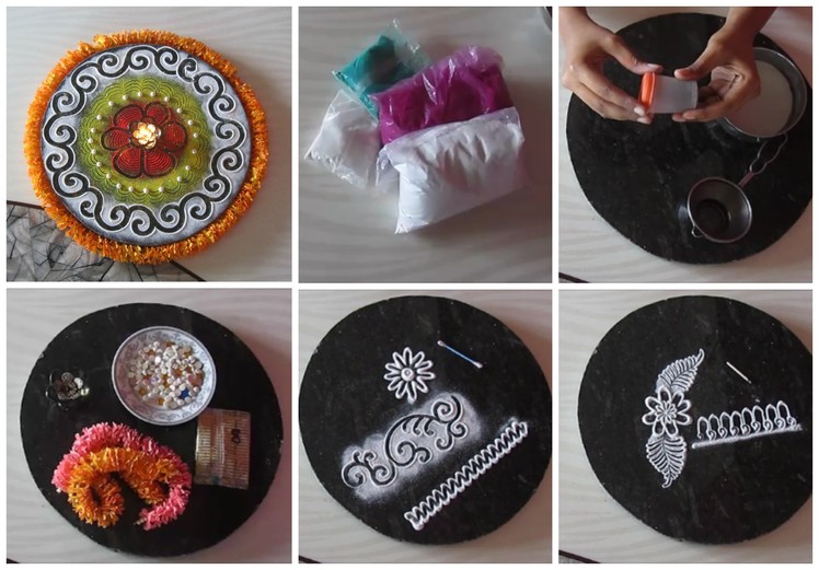 Rangoli colors | Rangoli making tools and how to use them | Accessorizing Rangoli designs