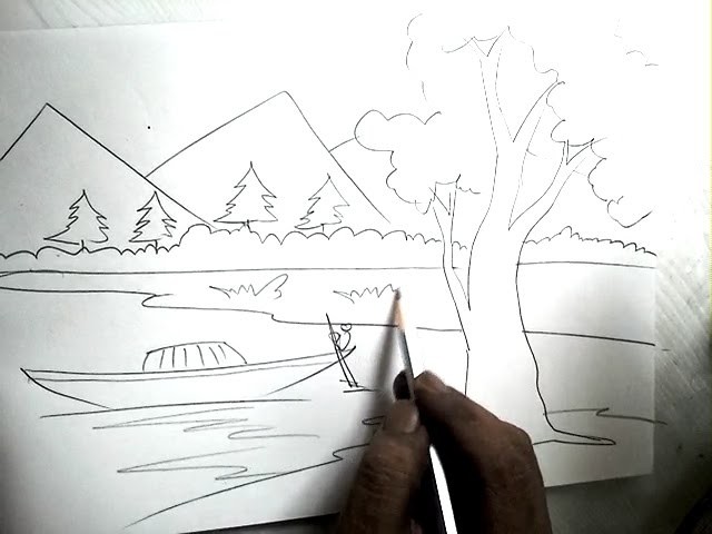 How To Draw A Scenery Boat In River Pencil Drawing