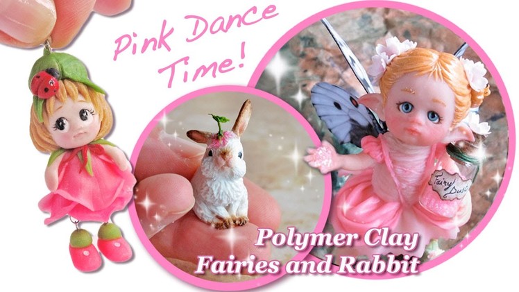 Pink Fairies and Rabbit - Polymer Clay Sculptures