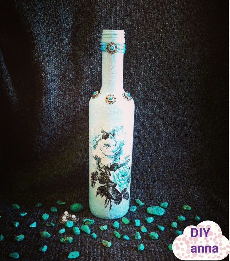 Decoupage bottle with rice paper and turquoise DIY ideas decorations craft tutorial