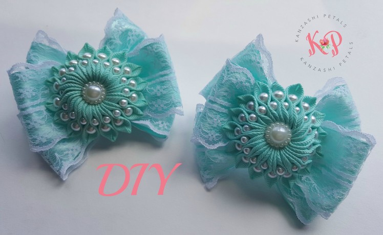 DIY Small ribbon flower with pearls on a bow