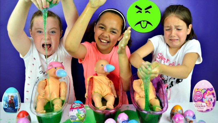 SLIME BAFF! Super Gross Baby Born Bath Time Toy Challenge - Surprise Eggs Prizes